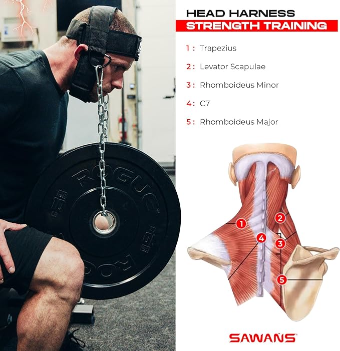 SAWANS Neck Trainer Neck Harness for Weight Sports Neck Stretcher Weight Lifting Belt Head Trainer Men Neck Back Pain Adjustable Head Harness Fitness, Bodybuilding, Strength Training