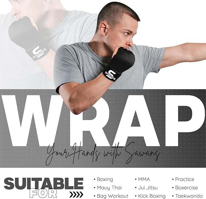 SAWANS Boxing Hand Wraps Inner Gloves for Hand Protection Long Wrist Straps Elasticated Punching Bag Training Gel Mitts Muay Thai MMA