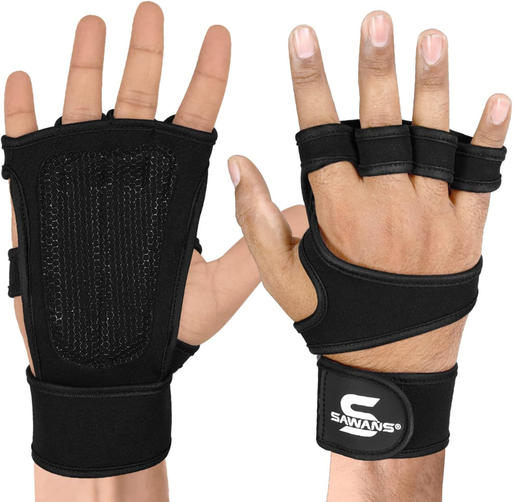 SAWANS Gym Fitness Open Workout Gloves Weight Lifting Anti Slip Padded Palm Protection Hand Grips for Men & Woman Wrist Powerlifting, Bodybuilding, Calisthenics Training