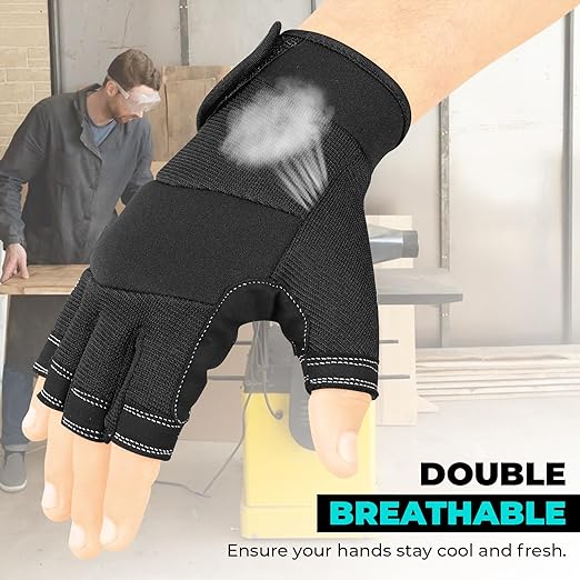 SAWANS Fingerless Working Gloves for Men Performance Heavy Duty Half-Finger Work Gloves Mechanic Anti Slip Safety Gloves for Work Warehouse Training Dexterity Carpenters Rigger Gloves (Black, XL)