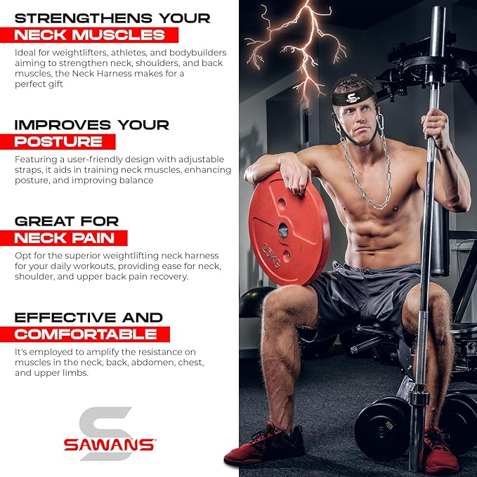 SAWANS Neck Trainer Neck Harness for Weight Sports Neck Stretcher Weight Lifting Belt Head Trainer Men Neck Back Pain Adjustable Head Harness Fitness, Bodybuilding, Strength Training