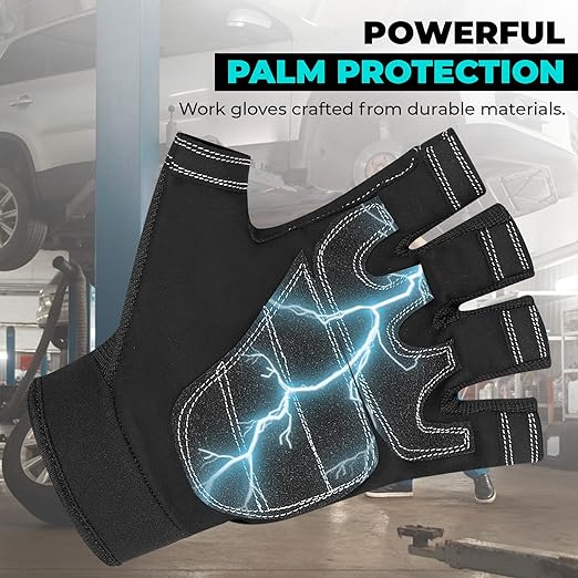 SAWANS Fingerless Working Gloves for Men Performance Heavy Duty Half-Finger Work Gloves Mechanic Anti Slip Safety Gloves for Work Warehouse Training Dexterity Carpenters Rigger Gloves (Black, XL)