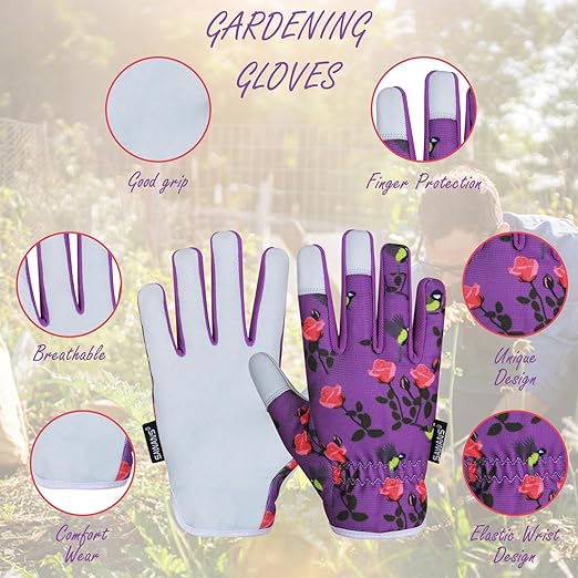 SAWANS Leather Gardening Gloves Ladies Mens Women Thorn Proof Rigger Garden Safety Working Gloves Multipurpose Breathable Construction Gardening Gifts (Purple, S (Pack of 1))