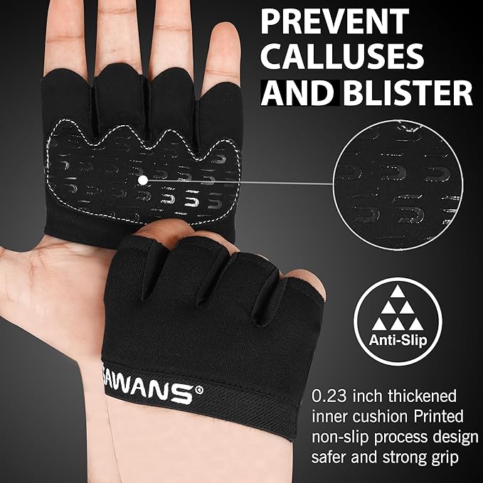 SAWANS Nonslip Workout Gloves for Men Weights Calluses Cushion Grip Exercise Gym Gloves for Women Finger Protectors Half Finger Glove Pole Guantes Fitness Yoga Lady Gym Gloves