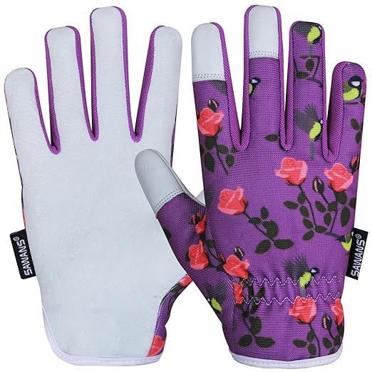 SAWANS Leather Gardening Gloves Ladies Mens Women Thorn Proof Rigger Garden Safety Working Gloves Multipurpose Breathable Construction Gardening Gifts (Purple, S (Pack of 1))